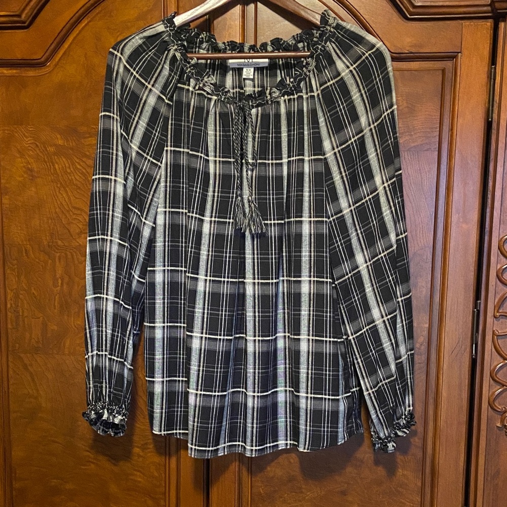 Magaschoni Black and White Plaid Blouse Size Medium